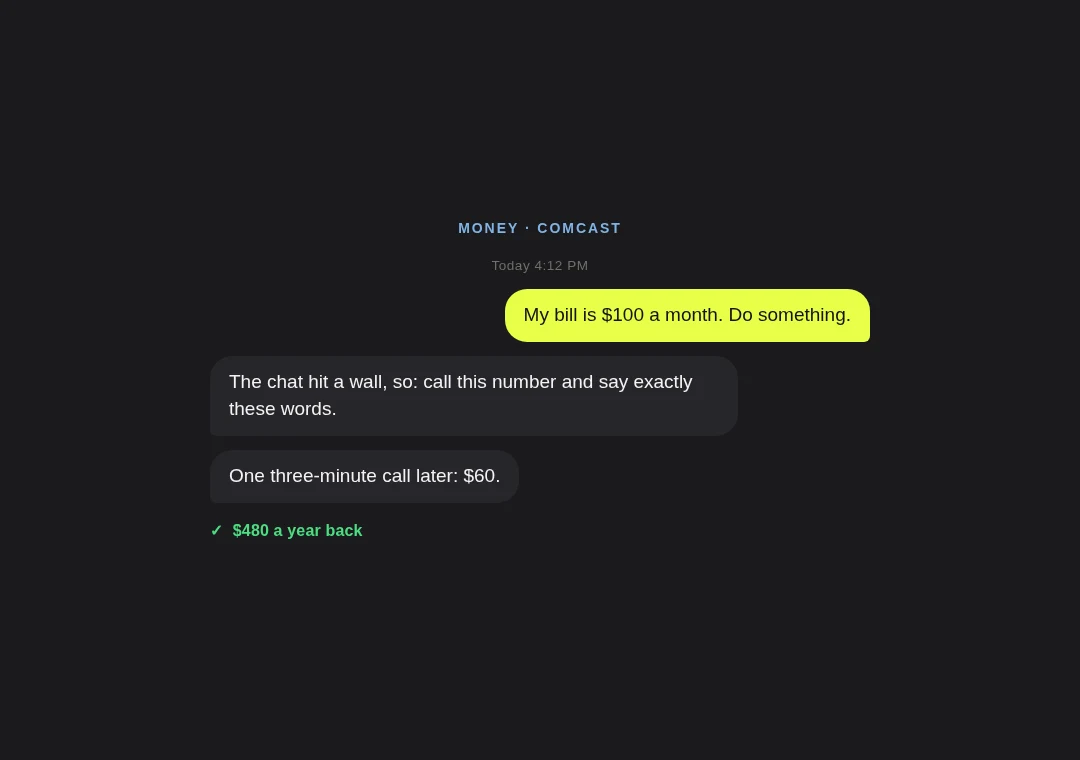 Bill card: cable bill cut from $100 to $60 a month