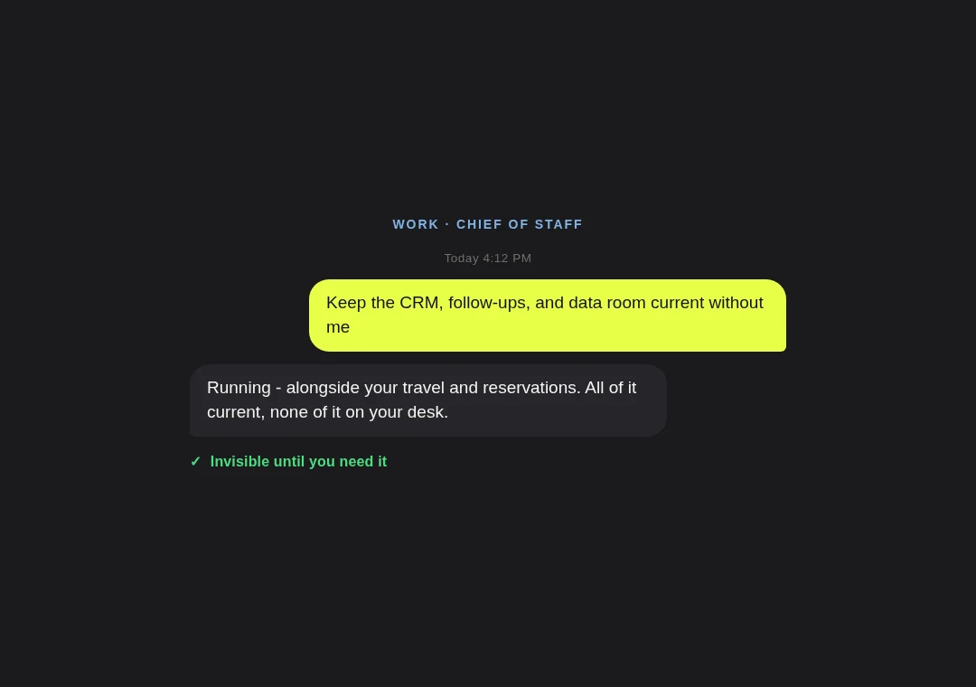 Ops card: CRM, follow-ups, and data room run in the background