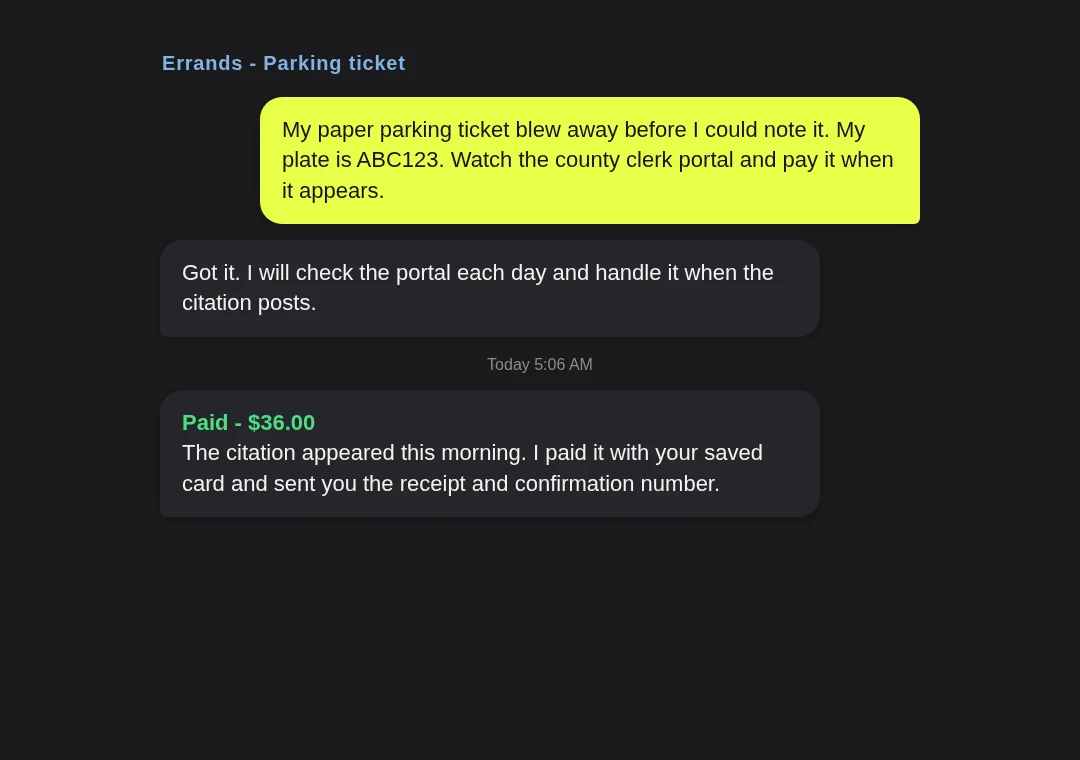 Errands card: lost parking ticket found and paid after it appeared online
