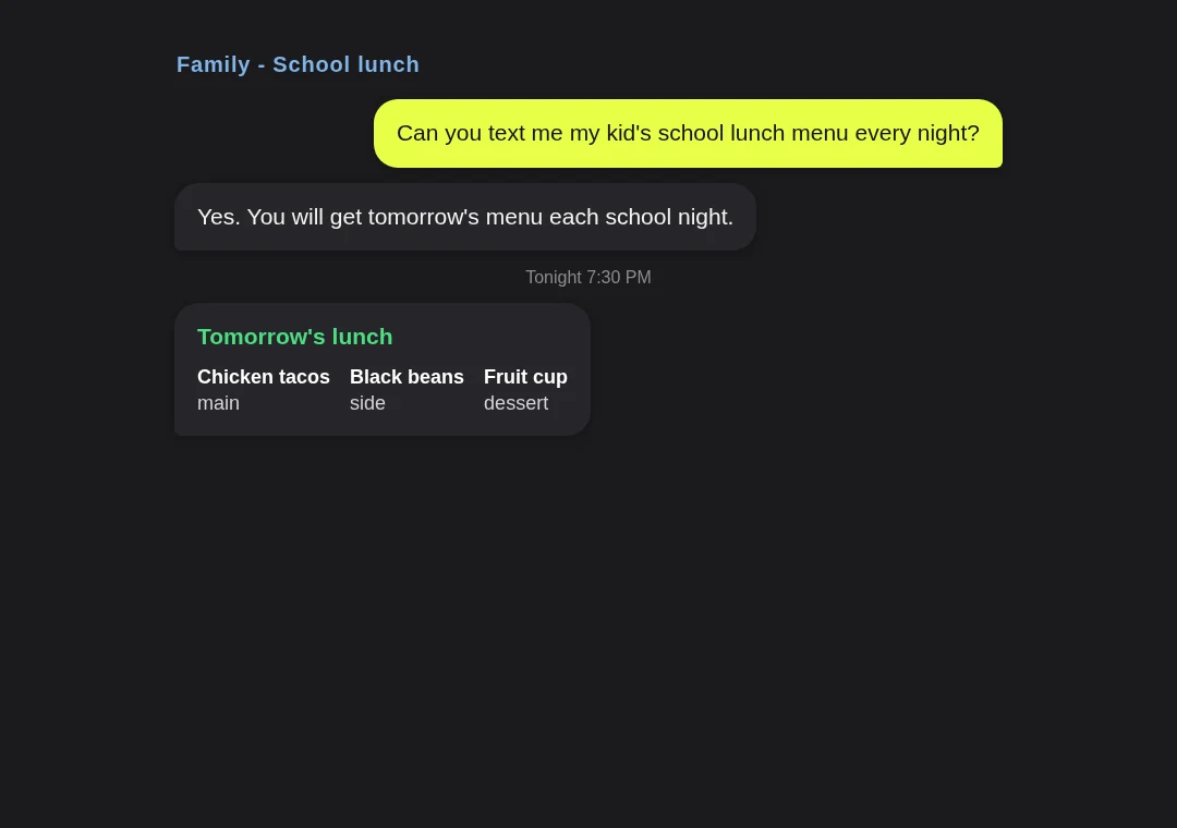 Family card: tomorrow's school lunch menu texted every night