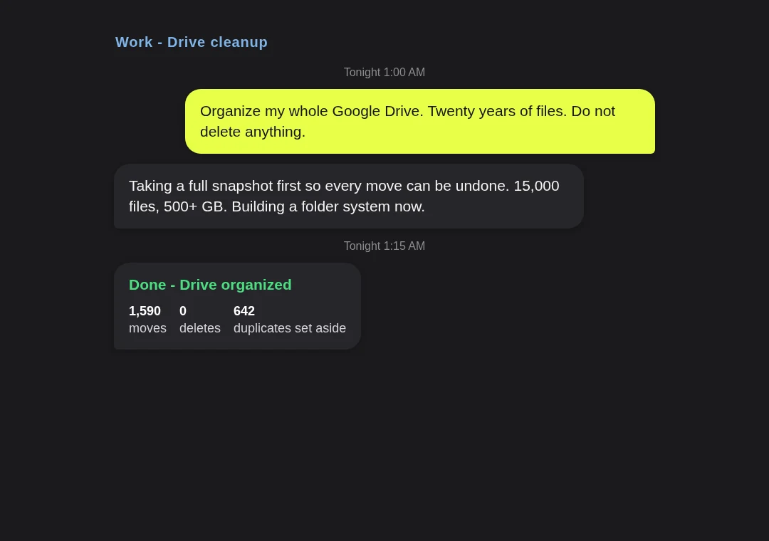 Work card: twenty years of Google Drive files organized in 15 minutes with nothing deleted